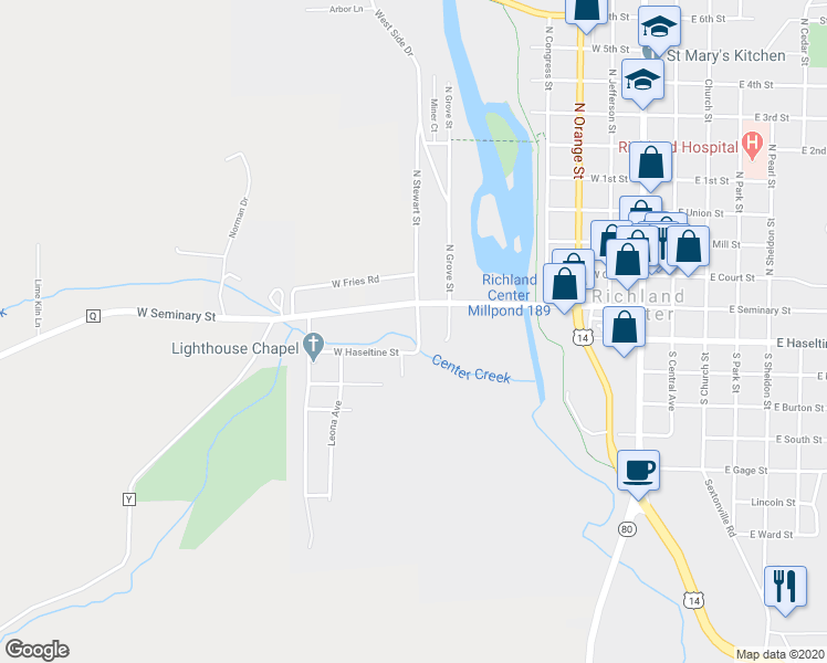 map of restaurants, bars, coffee shops, grocery stores, and more near 270 South Stewart Street in Richland Center