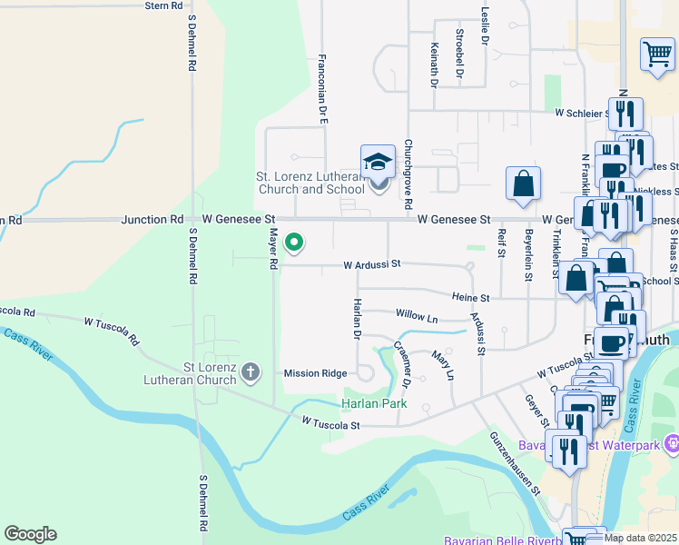 map of restaurants, bars, coffee shops, grocery stores, and more near 226 Harlan Drive in Frankenmuth