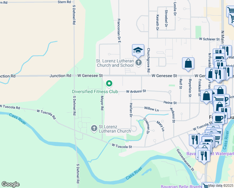 map of restaurants, bars, coffee shops, grocery stores, and more near 911 West Ardussi Street in Frankenmuth