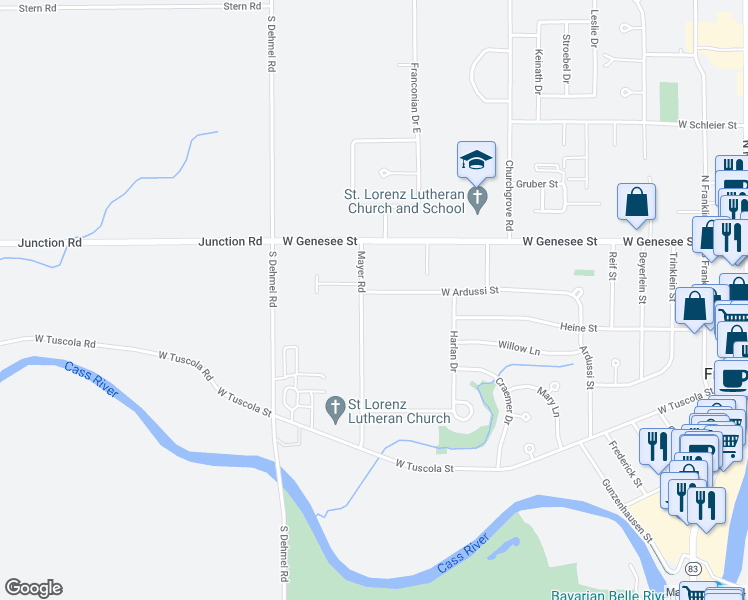 map of restaurants, bars, coffee shops, grocery stores, and more near 225 Mayer Road in Frankenmuth