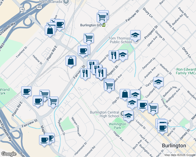 map of restaurants, bars, coffee shops, grocery stores, and more near 814 Brant Street in Burlington