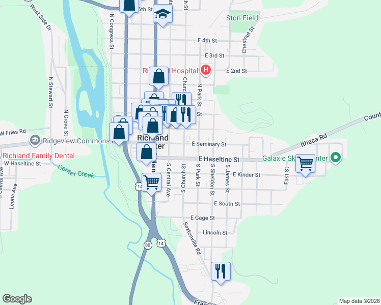 map of restaurants, bars, coffee shops, grocery stores, and more near 307 South Church Street in Richland Center