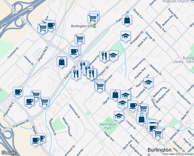 map of restaurants, bars, coffee shops, grocery stores, and more near 761 Brant Street in Burlington