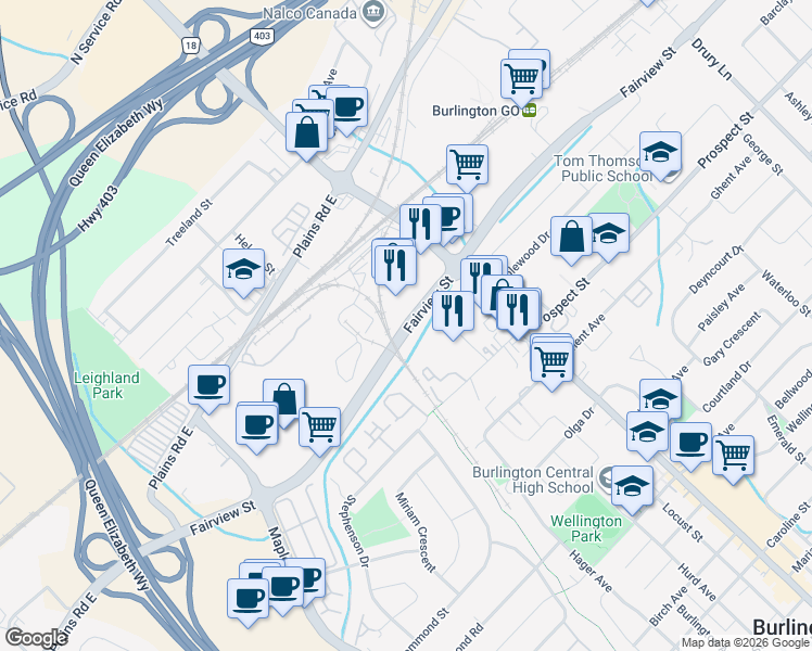 map of restaurants, bars, coffee shops, grocery stores, and more near 1803 Fairview Street in Burlington