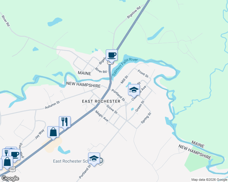 map of restaurants, bars, coffee shops, grocery stores, and more near 73 Main Street in Rochester