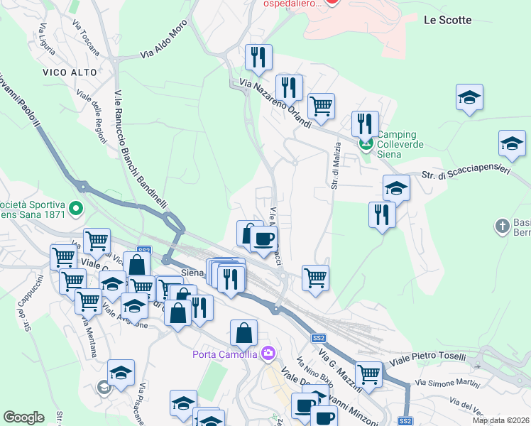 map of restaurants, bars, coffee shops, grocery stores, and more near 5 Via Giuseppe Pietri in Siena