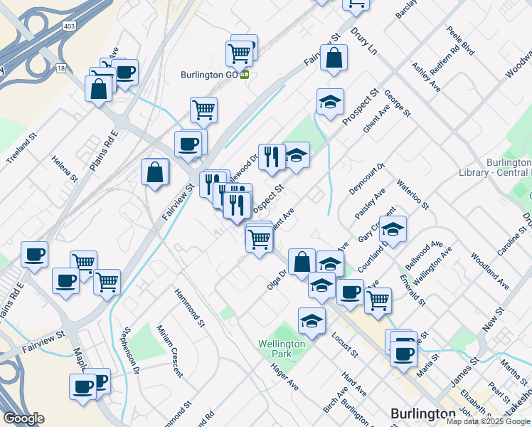 map of restaurants, bars, coffee shops, grocery stores, and more near 799 Robinson Street in Burlington