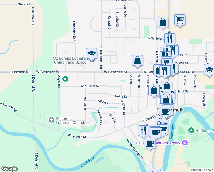 map of restaurants, bars, coffee shops, grocery stores, and more near 725 West Genesee Street in Frankenmuth