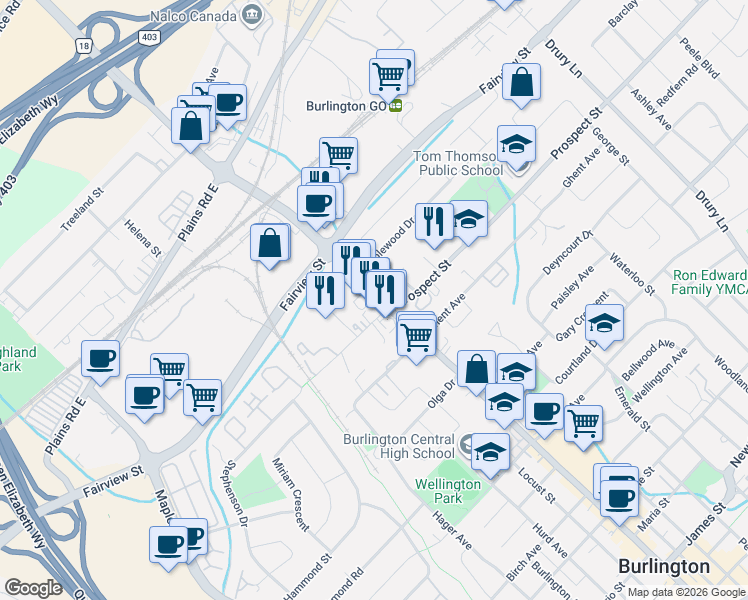 map of restaurants, bars, coffee shops, grocery stores, and more near 824 Brant Street in Burlington