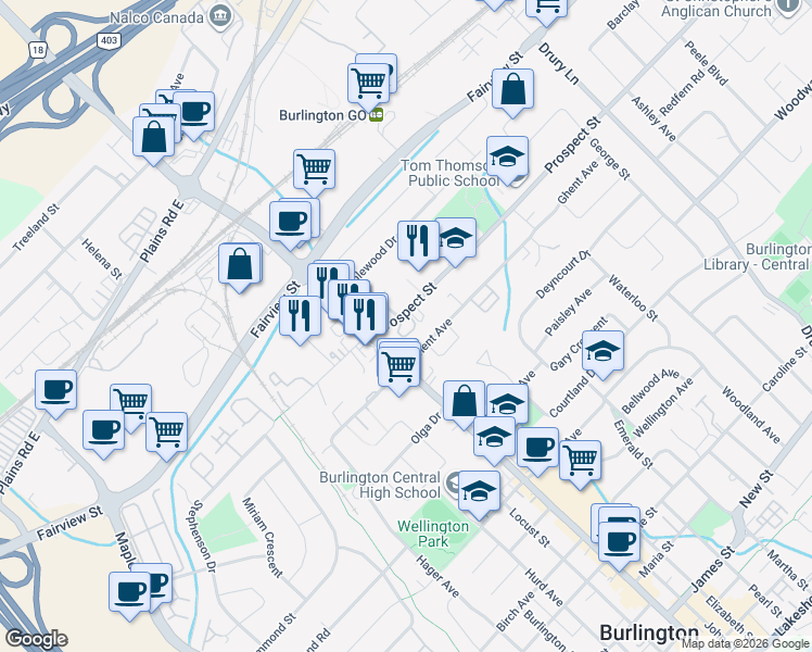 map of restaurants, bars, coffee shops, grocery stores, and more near 2022 Prospect Street in Burlington