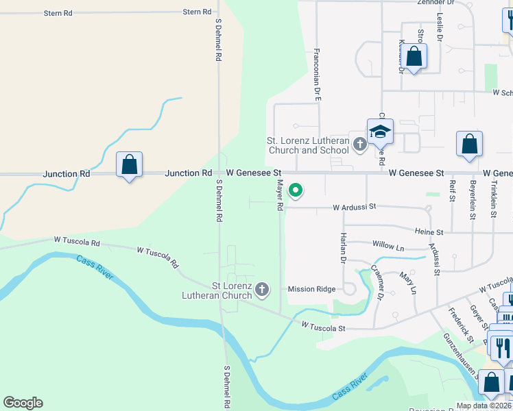 map of restaurants, bars, coffee shops, grocery stores, and more near 130 Mayer Road in Frankenmuth