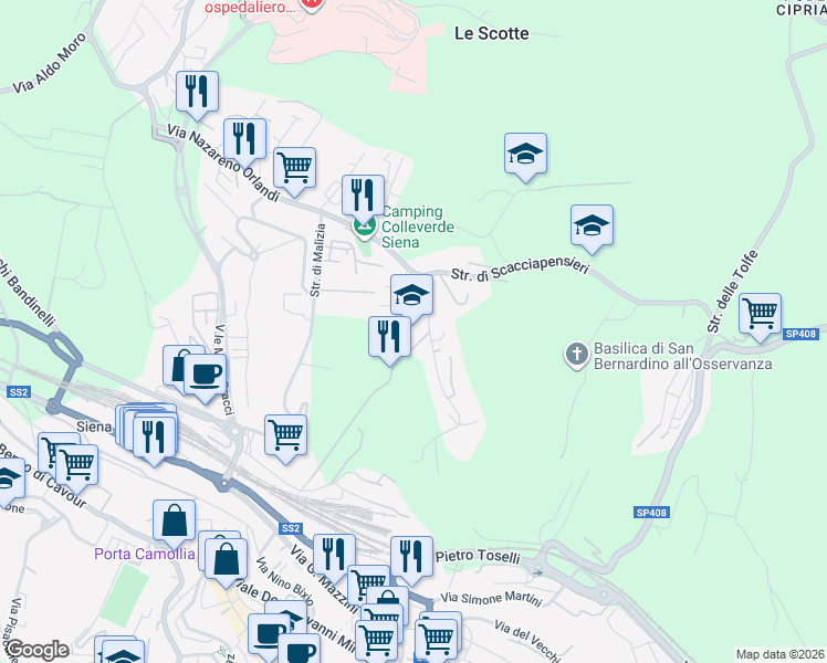 map of restaurants, bars, coffee shops, grocery stores, and more near Via Antonio Pacinotti in Siena