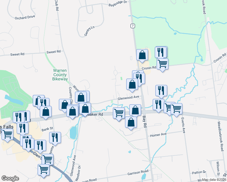 map of restaurants, bars, coffee shops, grocery stores, and more near 32 West Wood Drive in Queensbury
