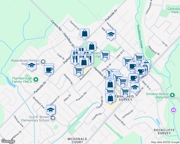 map of restaurants, bars, coffee shops, grocery stores, and more near 170 Rockhaven Lane in Hamilton