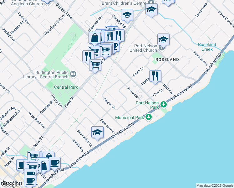 map of restaurants, bars, coffee shops, grocery stores, and more near 365 East Side Crescent in Burlington