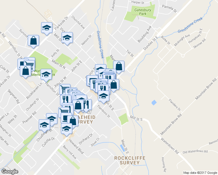 map of restaurants, bars, coffee shops, grocery stores, and more near 9 Mill Street North in Hamilton