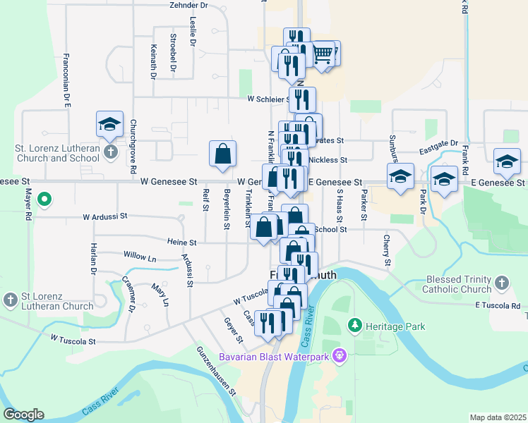 map of restaurants, bars, coffee shops, grocery stores, and more near 130 South Franklin Street in Frankenmuth
