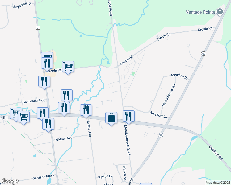 map of restaurants, bars, coffee shops, grocery stores, and more near 131 Meadowbrook Road in Glens Falls North