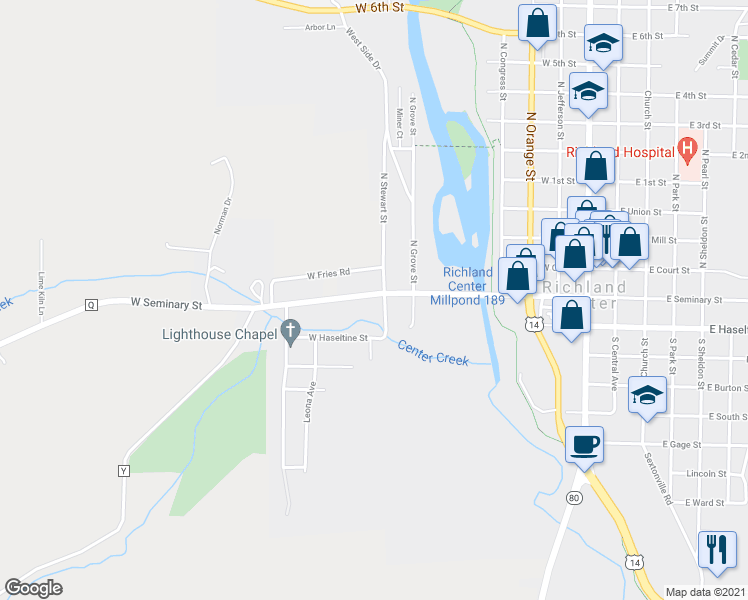 map of restaurants, bars, coffee shops, grocery stores, and more near 929 West Seminary Street in Richland Center