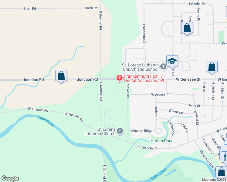 map of restaurants, bars, coffee shops, grocery stores, and more near 28 Wilshire Drive in Frankenmuth