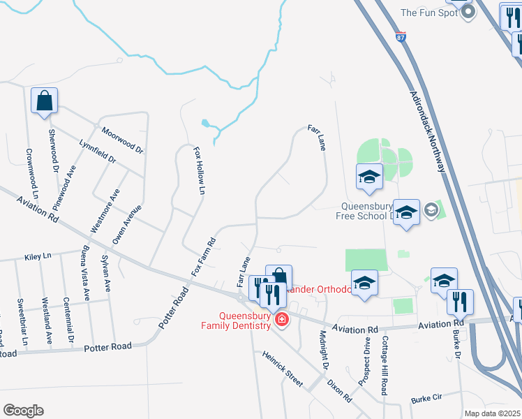 map of restaurants, bars, coffee shops, grocery stores, and more near 66 Farr Lane in Queensbury
