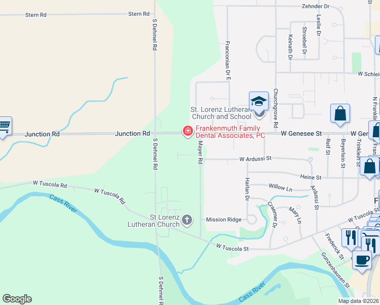 map of restaurants, bars, coffee shops, grocery stores, and more near 130 Mayer Road in Frankenmuth