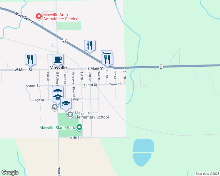map of restaurants, bars, coffee shops, grocery stores, and more near 6109 4th Street in Mayville