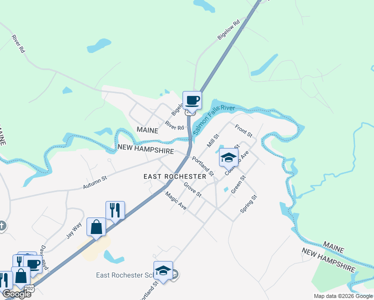 map of restaurants, bars, coffee shops, grocery stores, and more near 73 Main Street in Rochester