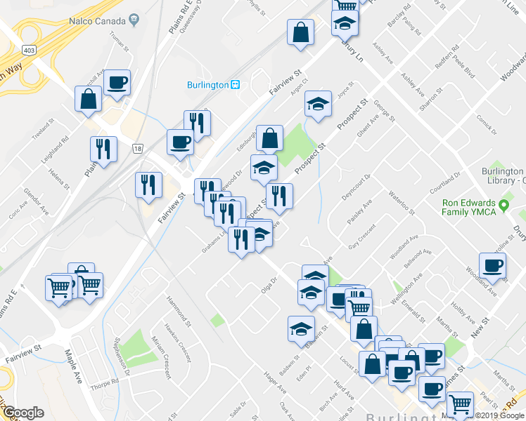 map of restaurants, bars, coffee shops, grocery stores, and more near in Burlington