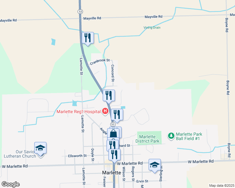 map of restaurants, bars, coffee shops, grocery stores, and more near 6390 Locust Street in Marlette