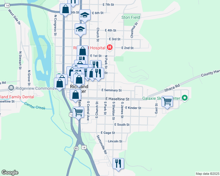 map of restaurants, bars, coffee shops, grocery stores, and more near 141 South Park Street in Richland Center