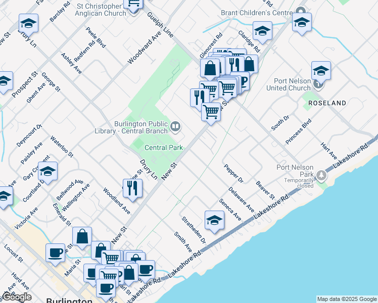 map of restaurants, bars, coffee shops, grocery stores, and more near 2328 New Street in Burlington