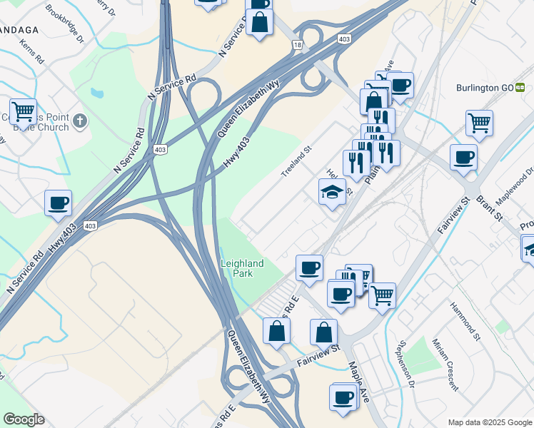 map of restaurants, bars, coffee shops, grocery stores, and more near 1266 Treeland Street in Burlington