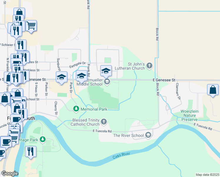map of restaurants, bars, coffee shops, grocery stores, and more near 965 East Genesee Street in Frankenmuth