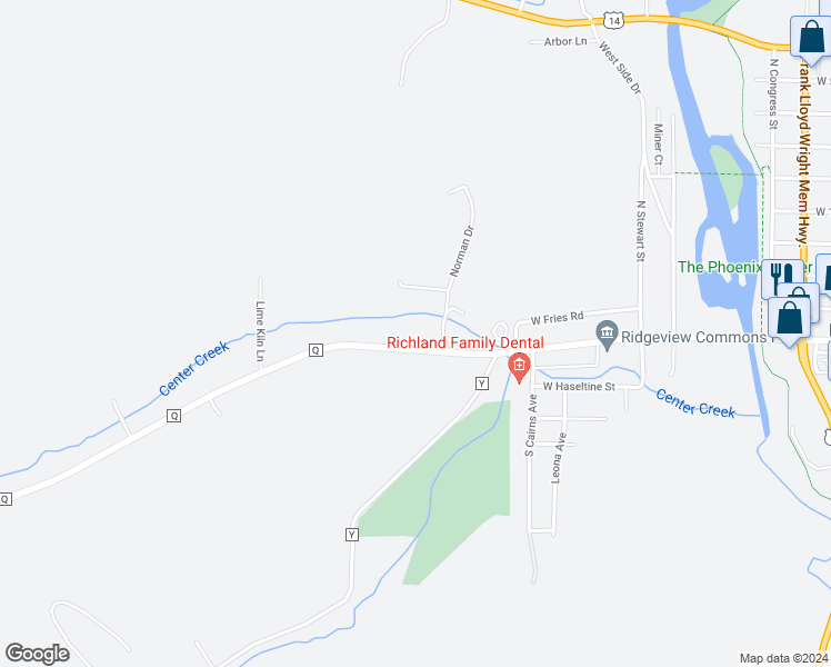 map of restaurants, bars, coffee shops, grocery stores, and more near 1600 West Seminary Street in Richland Center