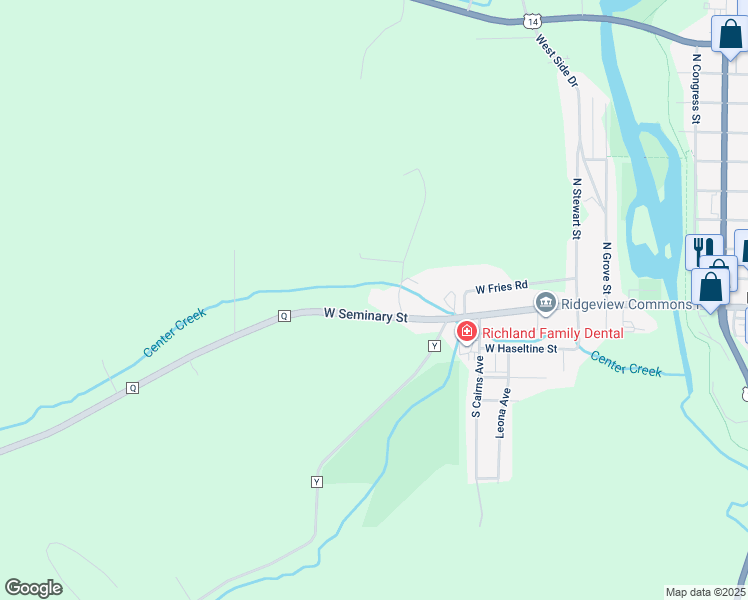 map of restaurants, bars, coffee shops, grocery stores, and more near 1600 West Seminary Street in Richland Center