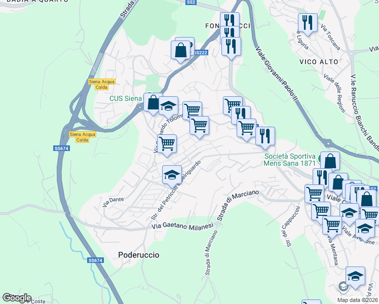 map of restaurants, bars, coffee shops, grocery stores, and more near 11 Via Giovanni Colombini in Siena