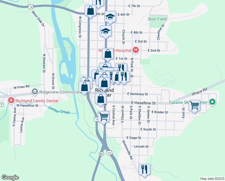 map of restaurants, bars, coffee shops, grocery stores, and more near 174 South Central Avenue in Richland Center