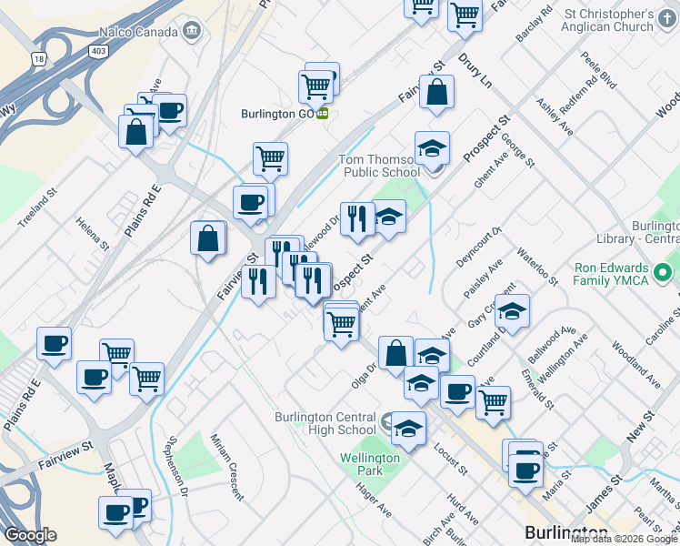 map of restaurants, bars, coffee shops, grocery stores, and more near 799 Robinson Street in Burlington