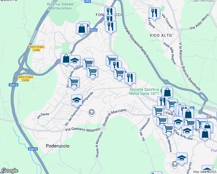 map of restaurants, bars, coffee shops, grocery stores, and more near 48 Strada del Petriccio e Belriguardo in Siena