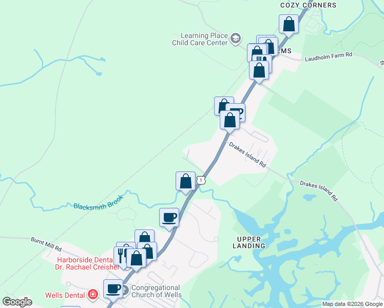map of restaurants, bars, coffee shops, grocery stores, and more near 16 Blacksmith Road in Wells