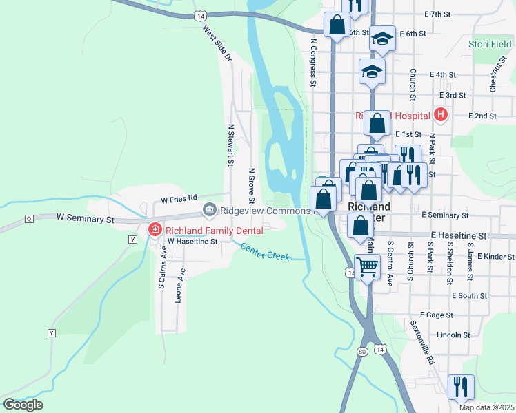 map of restaurants, bars, coffee shops, grocery stores, and more near 726 County Highway Q in Richland Center
