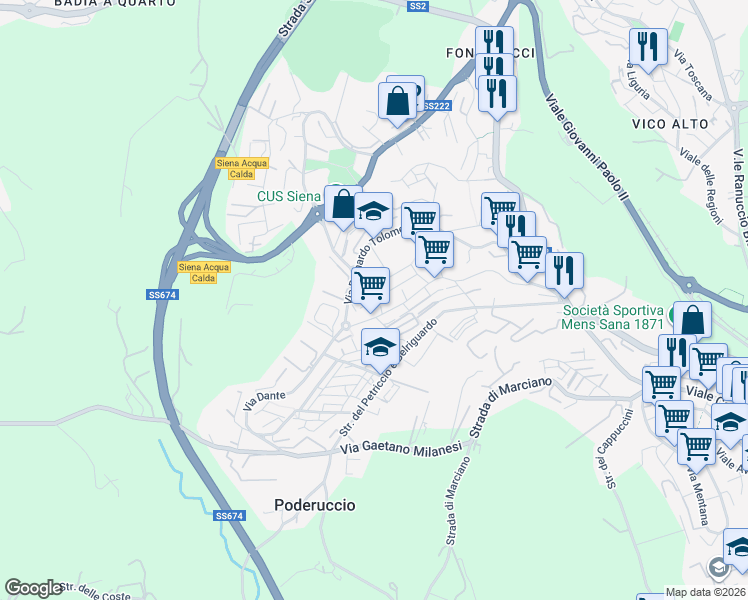 map of restaurants, bars, coffee shops, grocery stores, and more near 7 Via Bernardino Perfetti in Siena