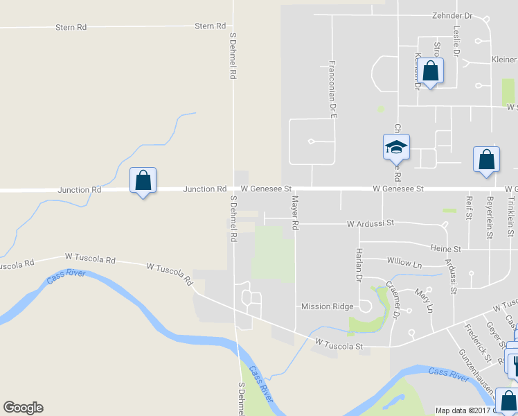 map of restaurants, bars, coffee shops, grocery stores, and more near 28 Wilshire Drive in Frankenmuth