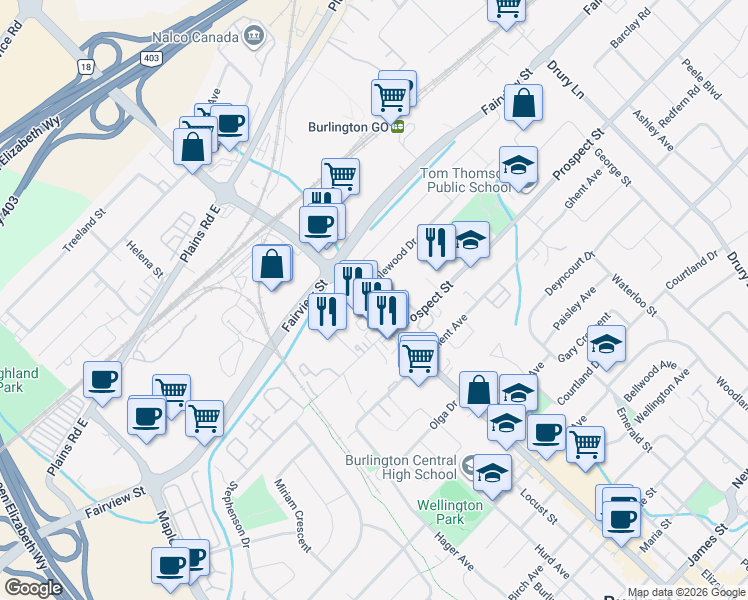 map of restaurants, bars, coffee shops, grocery stores, and more near 833 Brant Street in Burlington