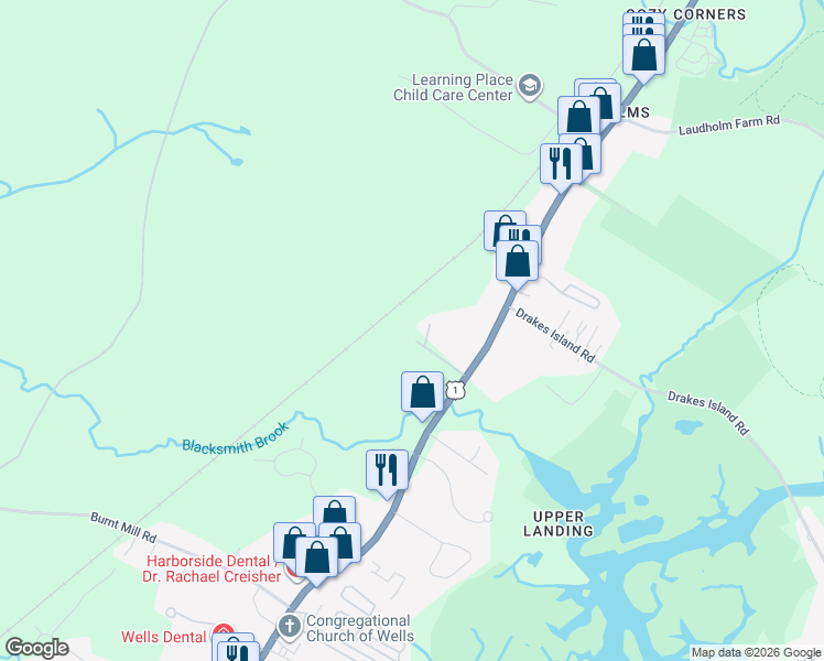 map of restaurants, bars, coffee shops, grocery stores, and more near 16 Blacksmith Road in Wells