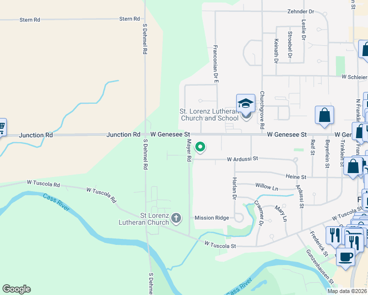 map of restaurants, bars, coffee shops, grocery stores, and more near 130 Mayer Rd in Frankenmuth