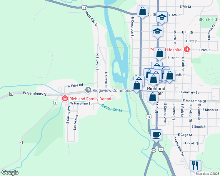 map of restaurants, bars, coffee shops, grocery stores, and more near 726 County Highway Q in Richland Center