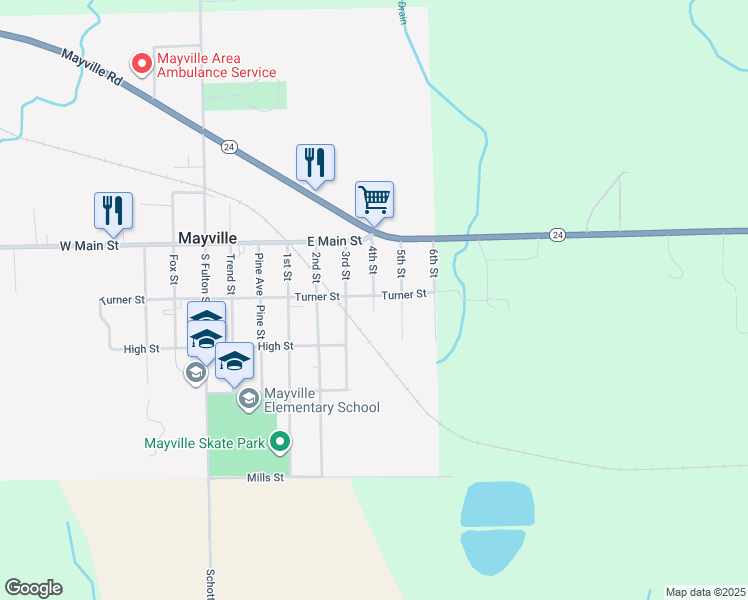 map of restaurants, bars, coffee shops, grocery stores, and more near 6109 4th Street in Mayville