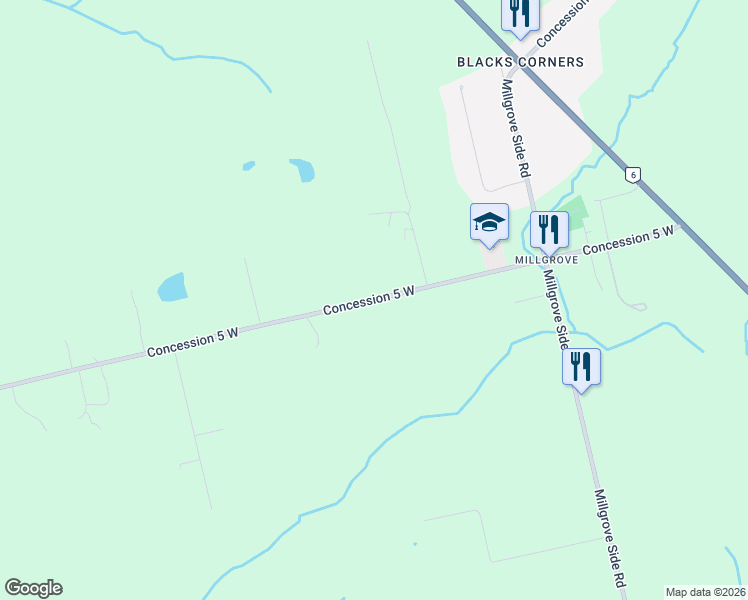 map of restaurants, bars, coffee shops, grocery stores, and more near 416 Concession 5 West in Hamilton